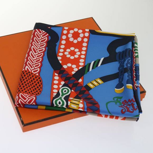 HERMES Carre 90 Fantaisie d�fEtriers Scarf Silk Blue Multicolor Auth 60781 - Picture 12 of 16